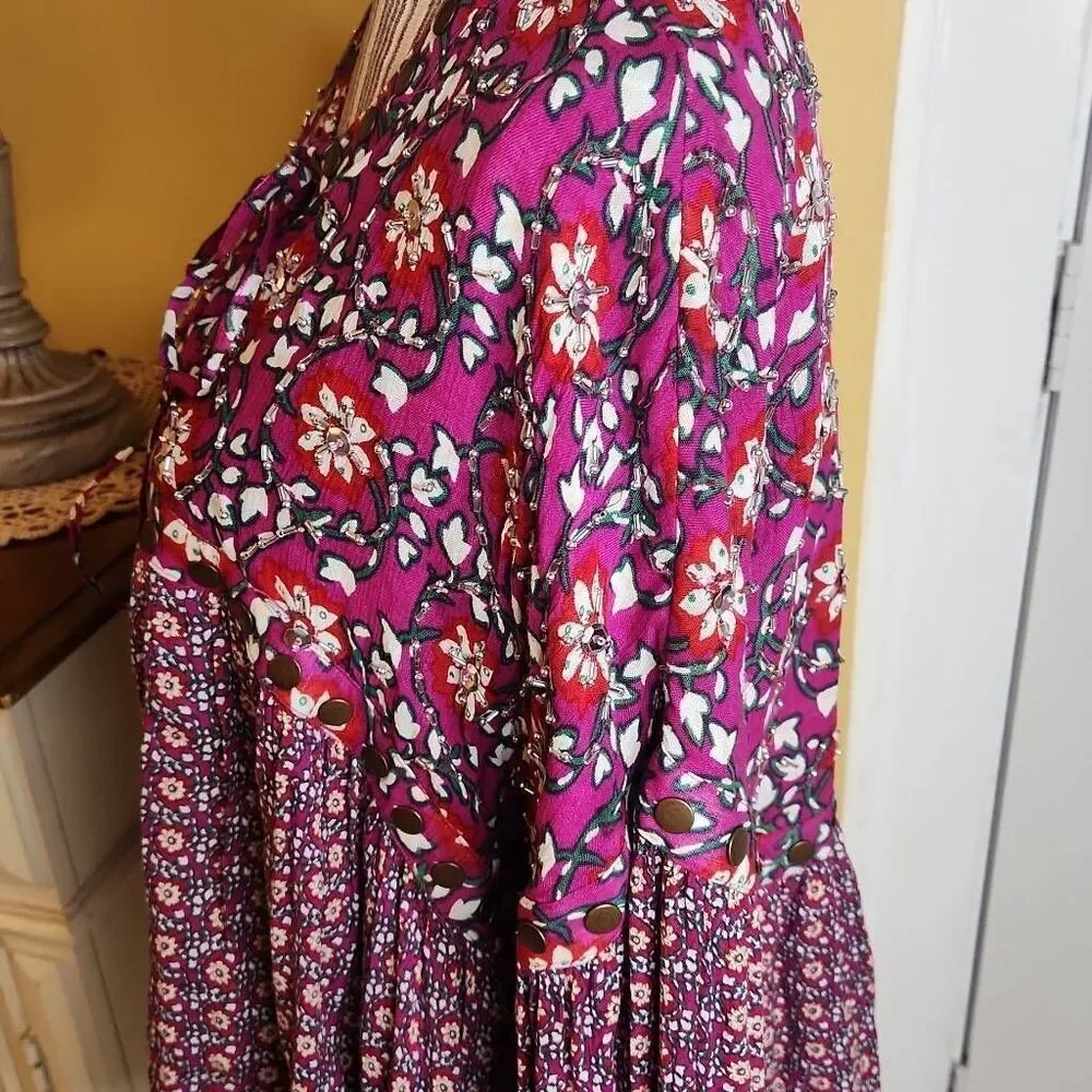 Free People Malia Babydoll Jacket | Embellished Boho Floral Tie Neck sz L